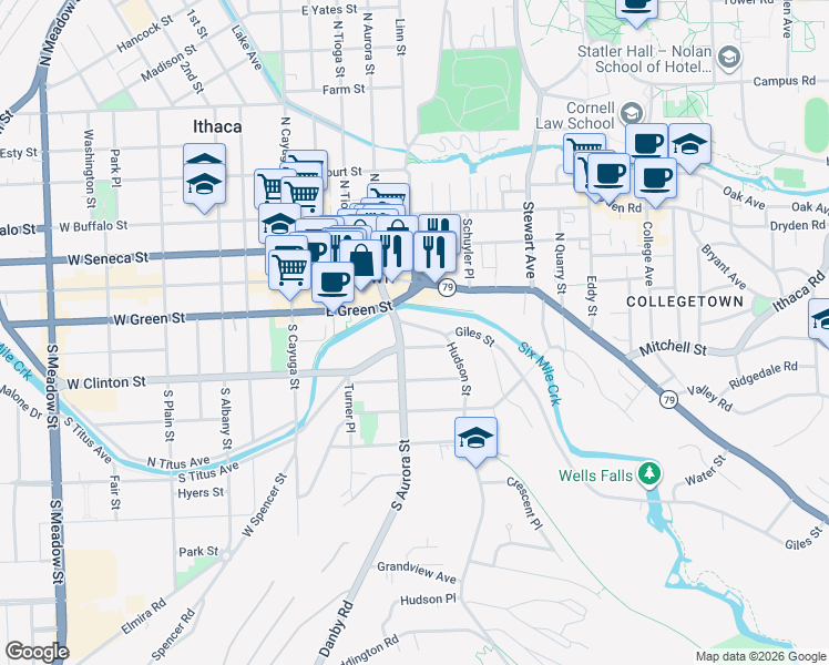map of restaurants, bars, coffee shops, grocery stores, and more near 114 Hudson Street in Ithaca