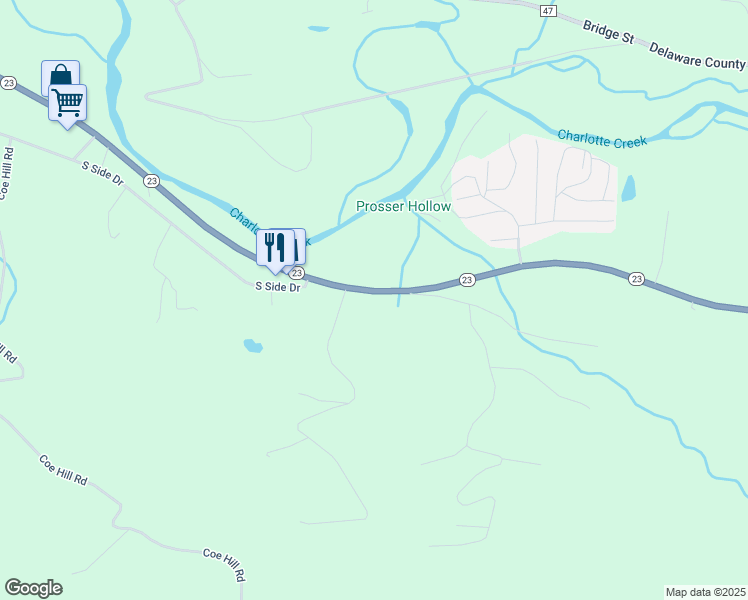 map of restaurants, bars, coffee shops, grocery stores, and more near 7536 New York 23 in Oneonta