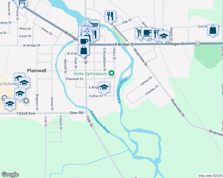 map of restaurants, bars, coffee shops, grocery stores, and more near 602 Hicks Street in Plainwell