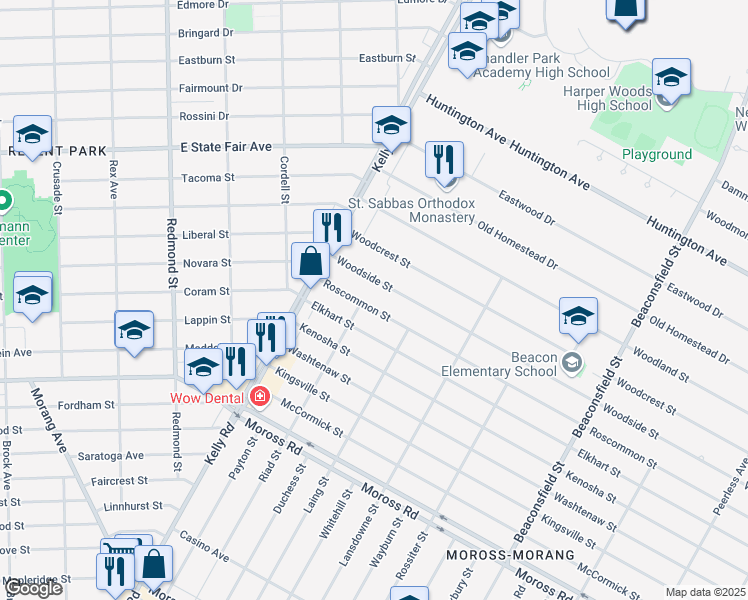 map of restaurants, bars, coffee shops, grocery stores, and more near 18715 Roscommon Street in Harper Woods