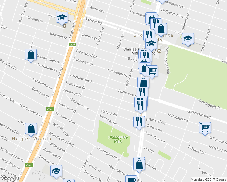 map of restaurants, bars, coffee shops, grocery stores, and more near 2025 Lochmoor Boulevard in Grosse Pointe Woods