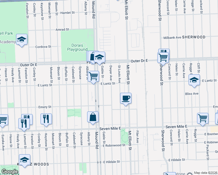 map of restaurants, bars, coffee shops, grocery stores, and more near 19464 Dwyer Street in Detroit
