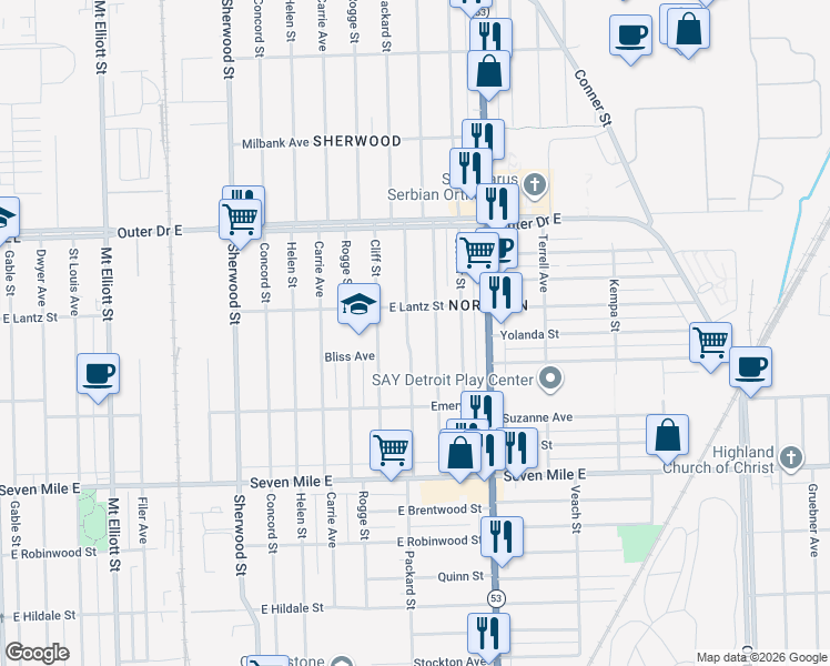 map of restaurants, bars, coffee shops, grocery stores, and more near 19445 Spencer Avenue in Detroit