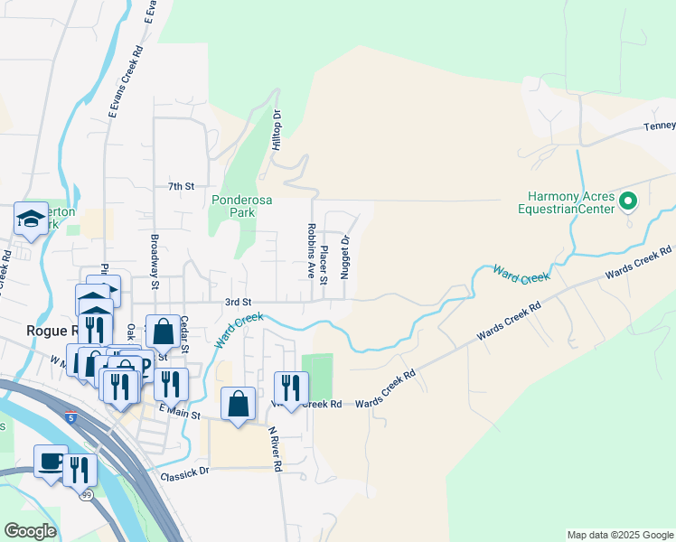 map of restaurants, bars, coffee shops, grocery stores, and more near 408 Nugget Dr in Rogue River