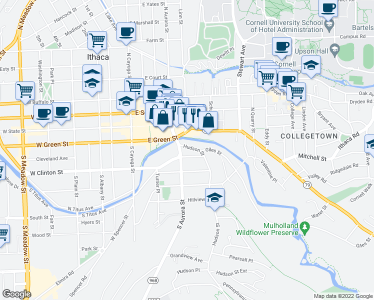 map of restaurants, bars, coffee shops, grocery stores, and more near 112 Hudson Street in Ithaca