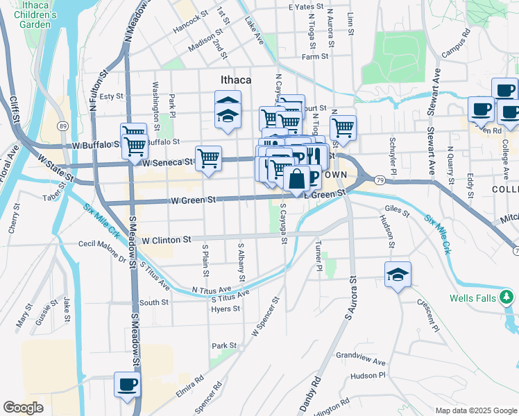 map of restaurants, bars, coffee shops, grocery stores, and more near 213 South Geneva Street in Ithaca