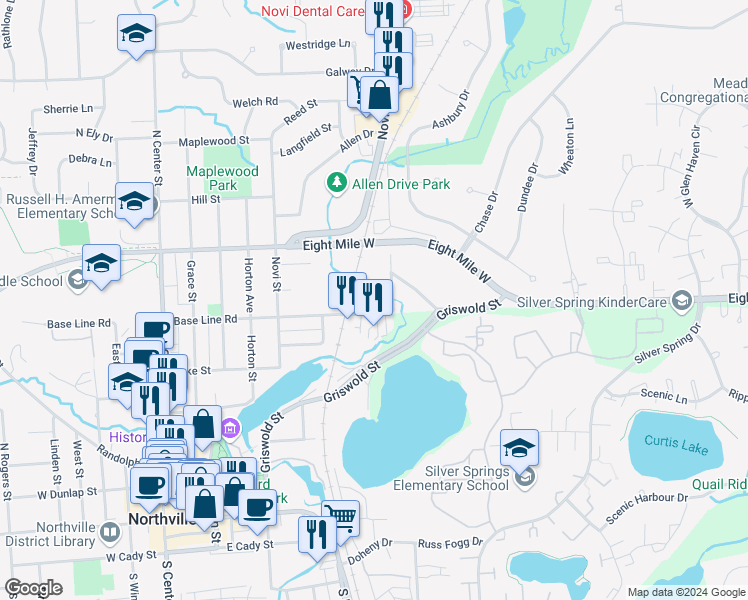 map of restaurants, bars, coffee shops, grocery stores, and more near 665 River Park Village Boulevard in Northville