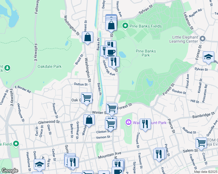 map of restaurants, bars, coffee shops, grocery stores, and more near 34 Fairlawn Street in Malden