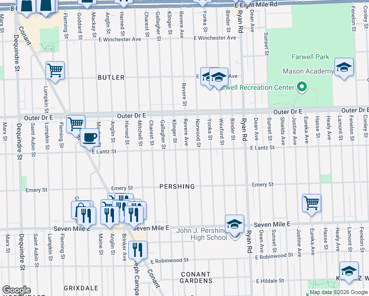map of restaurants, bars, coffee shops, grocery stores, and more near 19603 Revere Street in Detroit