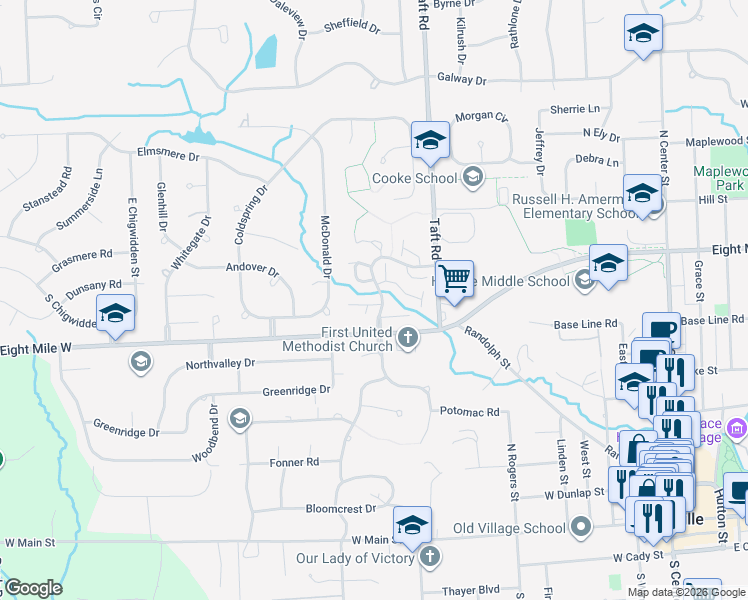 map of restaurants, bars, coffee shops, grocery stores, and more near 1060 Bristol Court in Northville