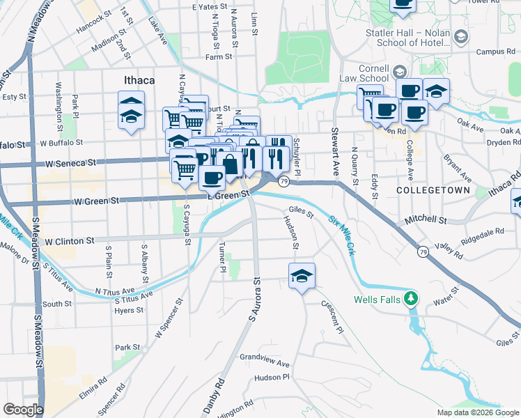 map of restaurants, bars, coffee shops, grocery stores, and more near 108 Hudson Street in Ithaca