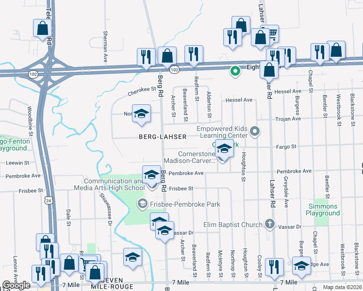 map of restaurants, bars, coffee shops, grocery stores, and more near 22582 Fargo Street in Detroit
