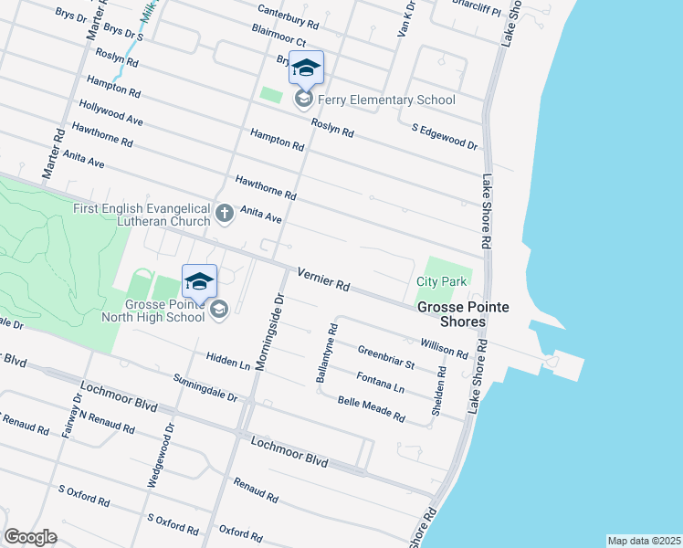 map of restaurants, bars, coffee shops, grocery stores, and more near 94 Vernier Road in Grosse Pointe Woods