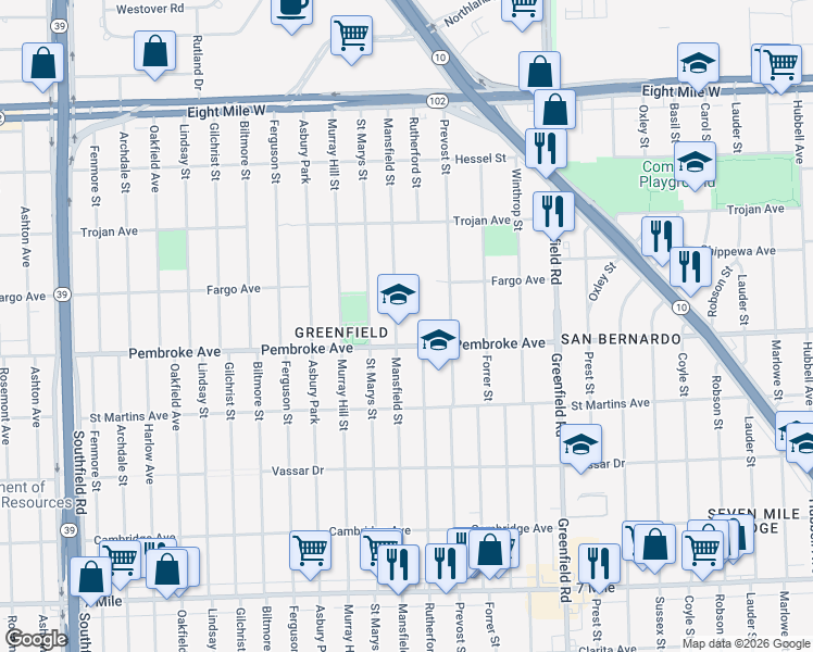 map of restaurants, bars, coffee shops, grocery stores, and more near 19940 Mansfield Street in Detroit