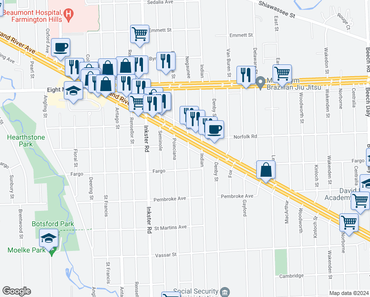 map of restaurants, bars, coffee shops, grocery stores, and more near 20091 Negaunee in Redford Charter Township
