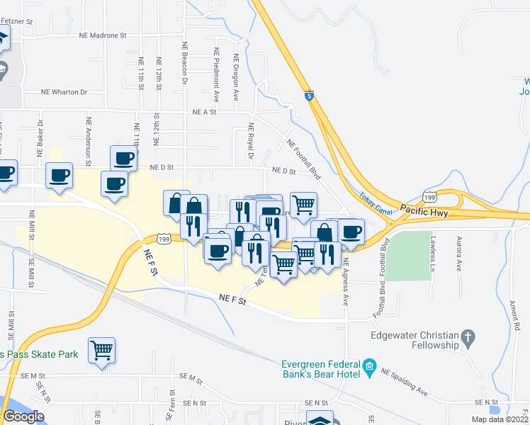 map of restaurants, bars, coffee shops, grocery stores, and more near Northeast Fairview Avenue in Grants Pass