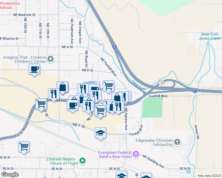 map of restaurants, bars, coffee shops, grocery stores, and more near 2081 Northeast Fairview Avenue in Grants Pass