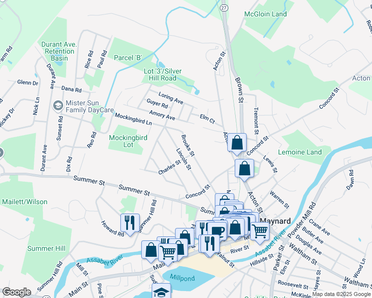 map of restaurants, bars, coffee shops, grocery stores, and more near 50 Brooks Street in Maynard