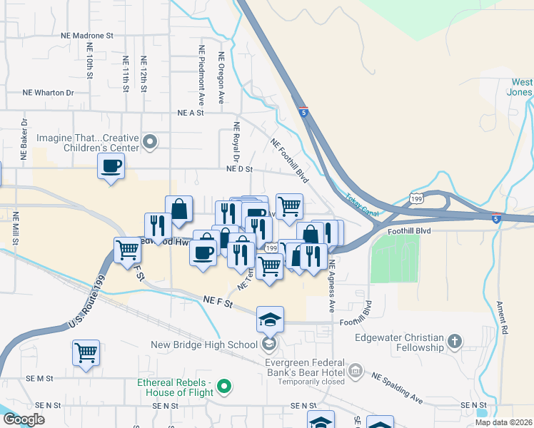 map of restaurants, bars, coffee shops, grocery stores, and more near 1870 Northeast Fairview Avenue in Grants Pass