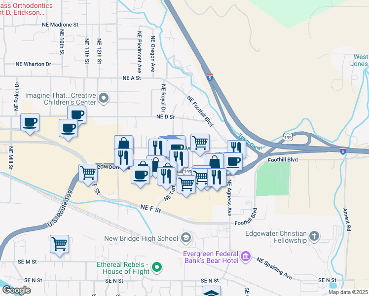 map of restaurants, bars, coffee shops, grocery stores, and more near 1868 Northeast Fairview Avenue in Grants Pass