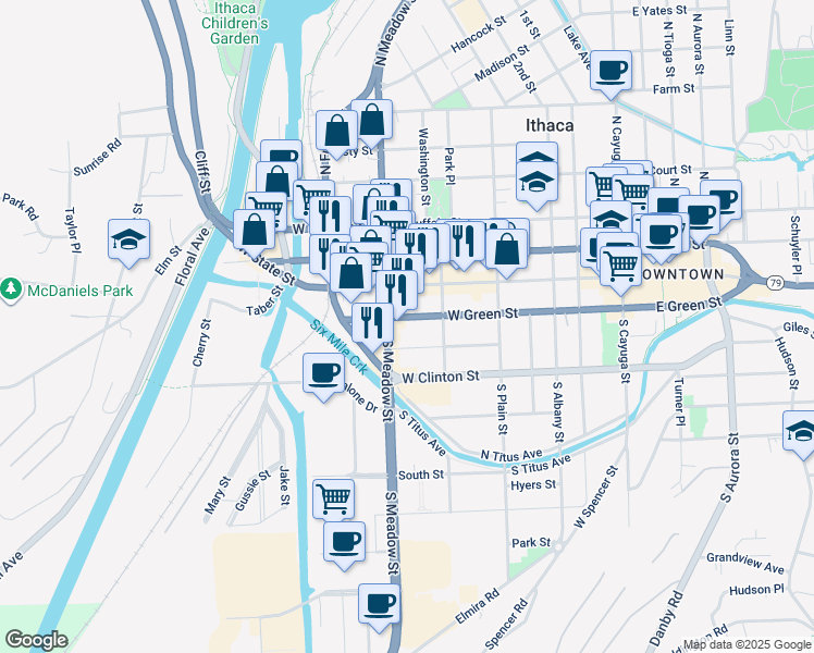 map of restaurants, bars, coffee shops, grocery stores, and more near 621 West Green Street in Ithaca