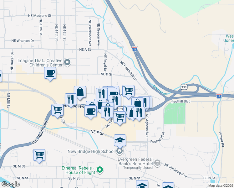 map of restaurants, bars, coffee shops, grocery stores, and more near 2008 Northeast Fairview Avenue in Grants Pass