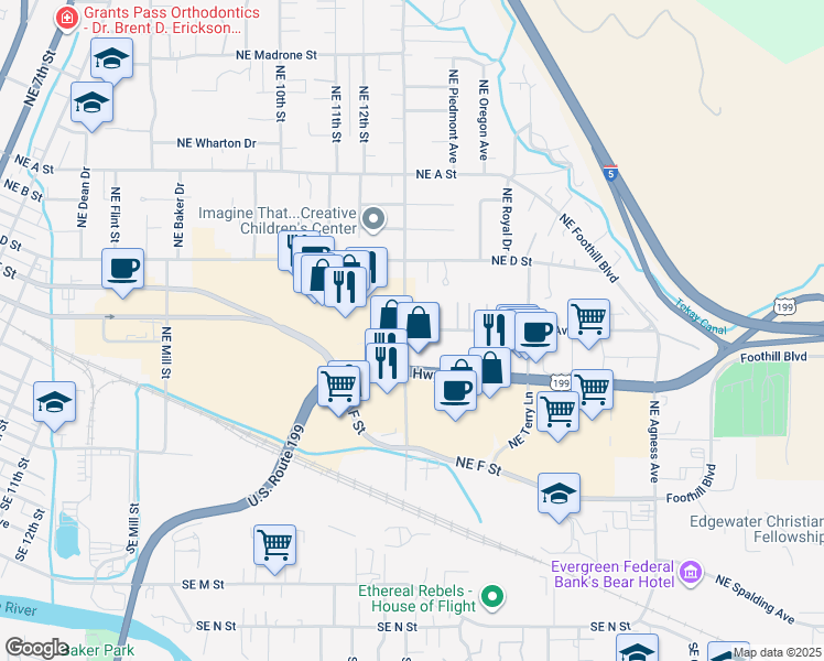 map of restaurants, bars, coffee shops, grocery stores, and more near 1701 Northeast Fairview Avenue in Grants Pass