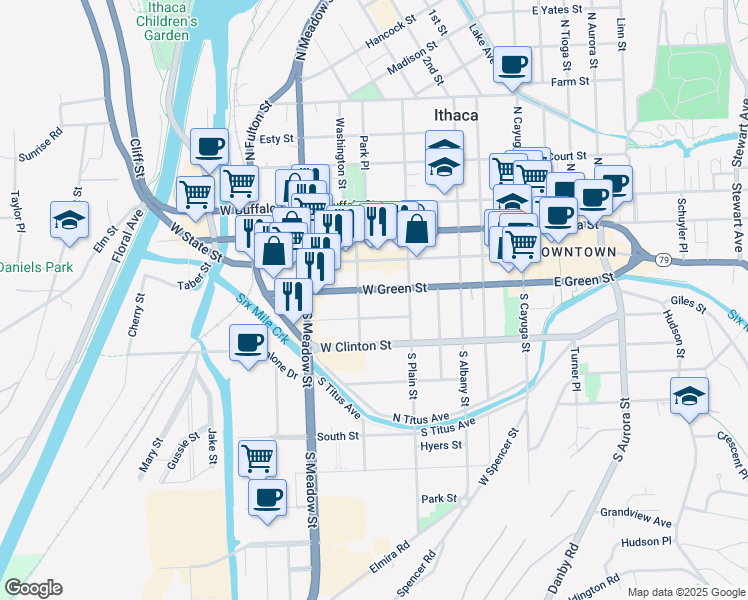 map of restaurants, bars, coffee shops, grocery stores, and more near 207 South Corn Street in Ithaca