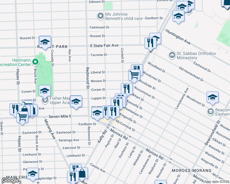 map of restaurants, bars, coffee shops, grocery stores, and more near 16290 Coram Street in Detroit