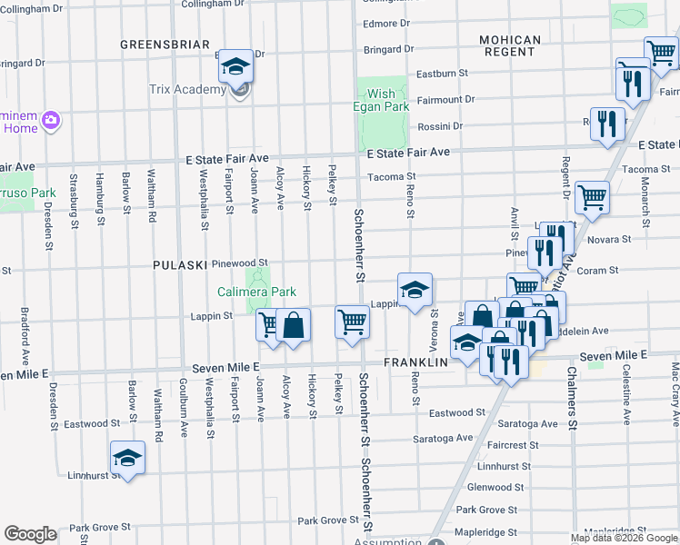 map of restaurants, bars, coffee shops, grocery stores, and more near 19366 Pelkey Street in Detroit
