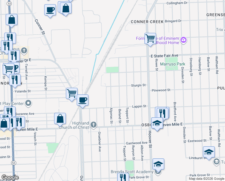 map of restaurants, bars, coffee shops, grocery stores, and more near 19416 Algonac Street in Detroit