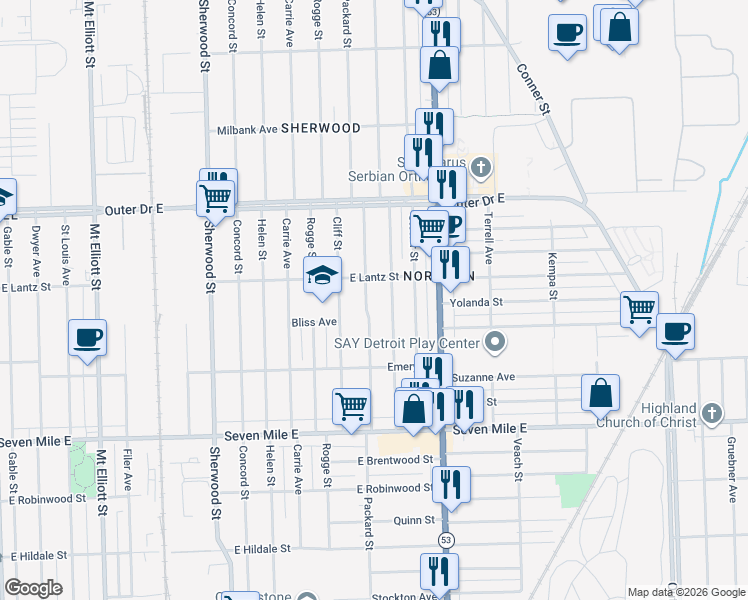map of restaurants, bars, coffee shops, grocery stores, and more near 19445 Spencer Avenue in Detroit