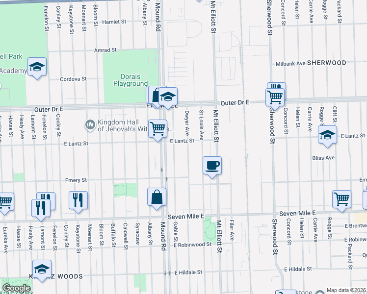 map of restaurants, bars, coffee shops, grocery stores, and more near 19464 Dwyer Street in Detroit
