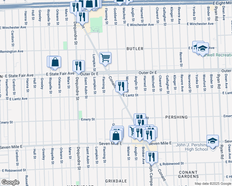 map of restaurants, bars, coffee shops, grocery stores, and more near 19617 Conant Street in Detroit