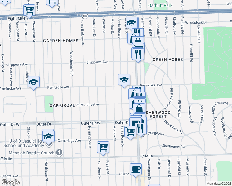 map of restaurants, bars, coffee shops, grocery stores, and more near 19767 Monica Street in Detroit