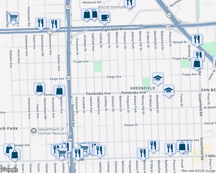 map of restaurants, bars, coffee shops, grocery stores, and more near 19925 Gilchrist Street in Detroit