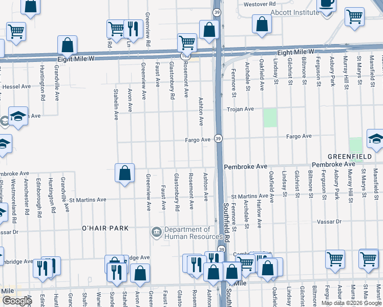 map of restaurants, bars, coffee shops, grocery stores, and more near 19929 Ashton Avenue in Detroit