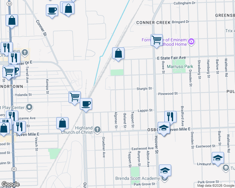map of restaurants, bars, coffee shops, grocery stores, and more near 19416 Algonac Street in Detroit