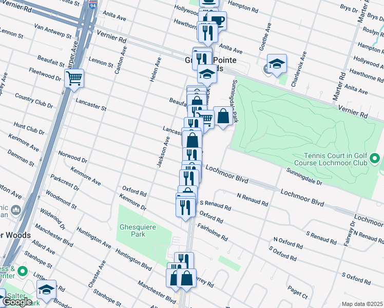 map of restaurants, bars, coffee shops, grocery stores, and more near 20343 Mack Avenue in Grosse Pointe Woods
