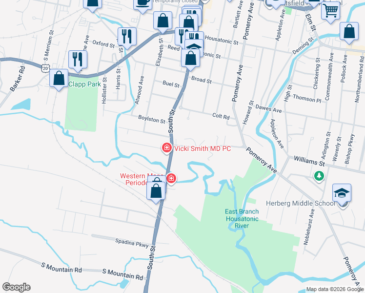 map of restaurants, bars, coffee shops, grocery stores, and more near 20 Crofut St in Pittsfield