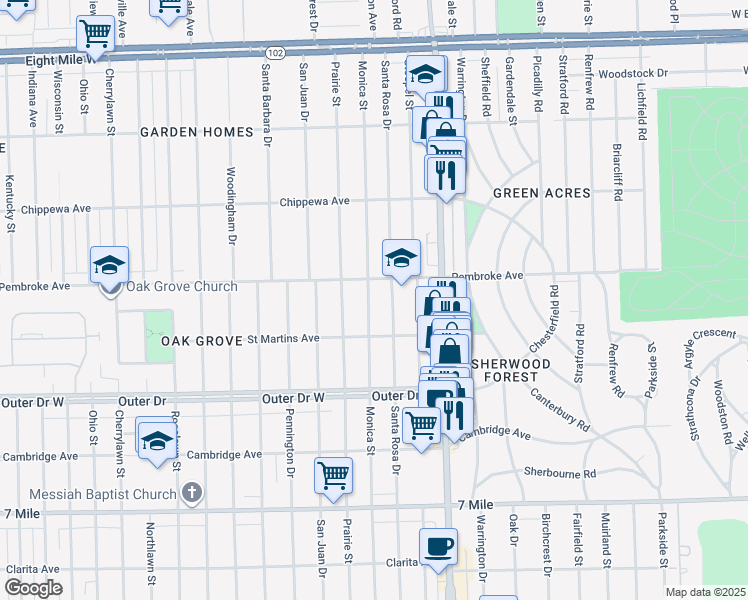 map of restaurants, bars, coffee shops, grocery stores, and more near 19767 Monica Street in Detroit