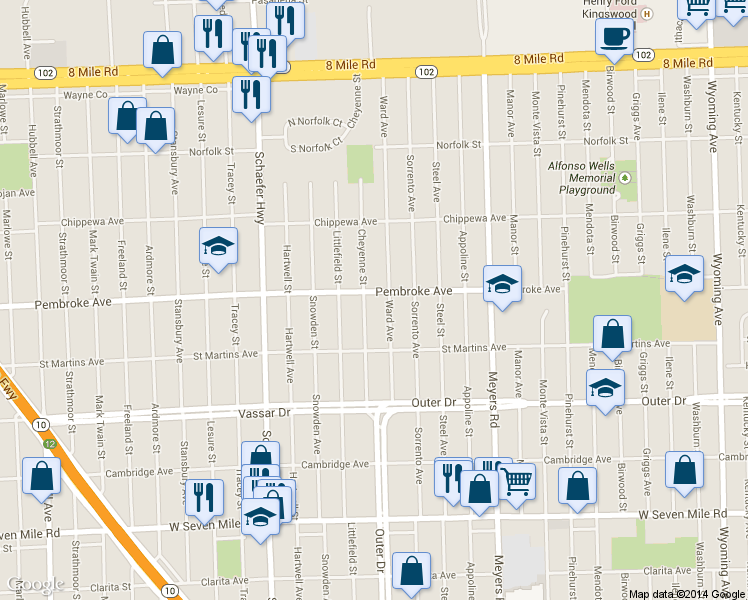 map of restaurants, bars, coffee shops, grocery stores, and more near 13135 Pembroke Avenue in Detroit