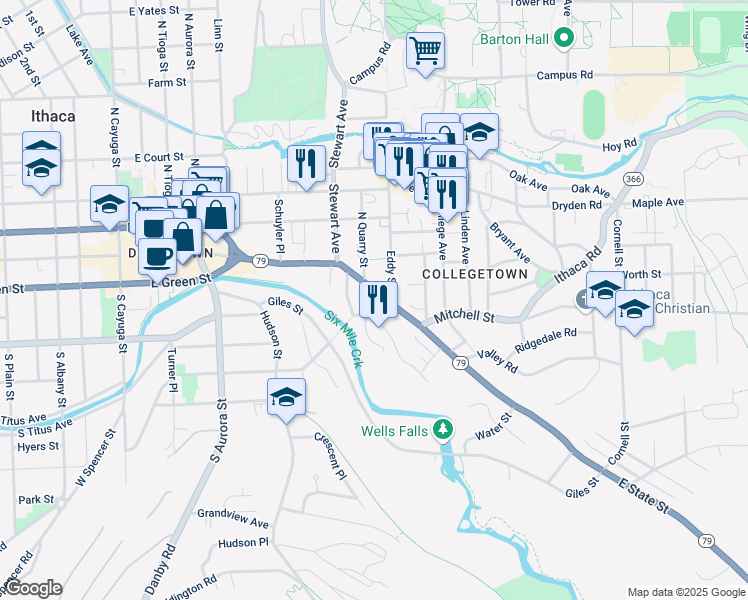 map of restaurants, bars, coffee shops, grocery stores, and more near 707 East State Street in Ithaca