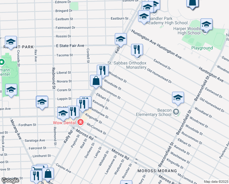 map of restaurants, bars, coffee shops, grocery stores, and more near 18711 Roscommon Street in Harper Woods