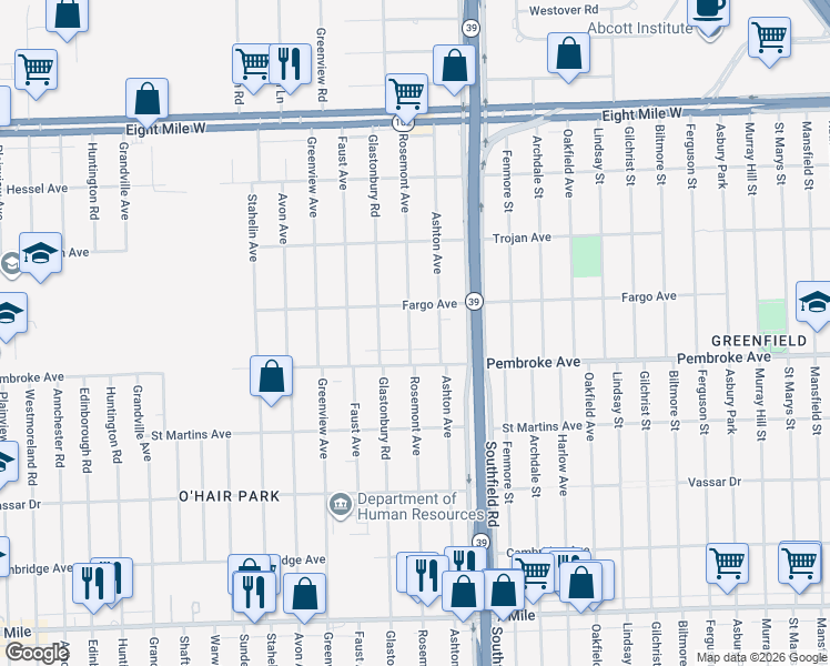 map of restaurants, bars, coffee shops, grocery stores, and more near 19929 Ashton Avenue in Detroit