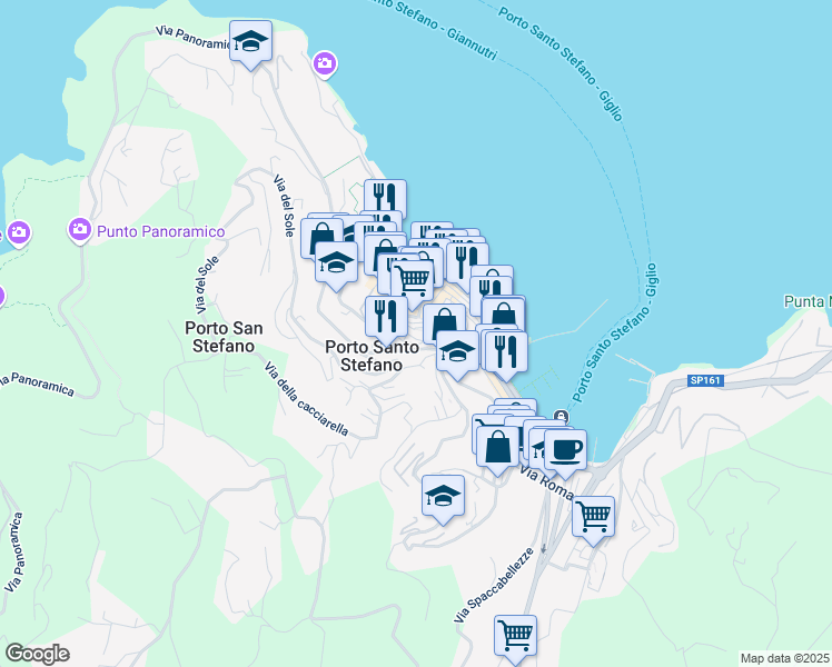 map of restaurants, bars, coffee shops, grocery stores, and more near 8 Via del Mandorlo in Porto Santo Stefano