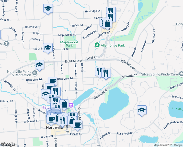 map of restaurants, bars, coffee shops, grocery stores, and more near 535 Base Line Road in Northville