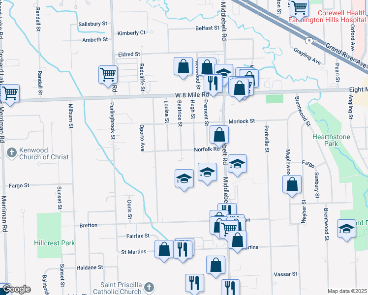 map of restaurants, bars, coffee shops, grocery stores, and more near 20310 Beatrice Street in Livonia