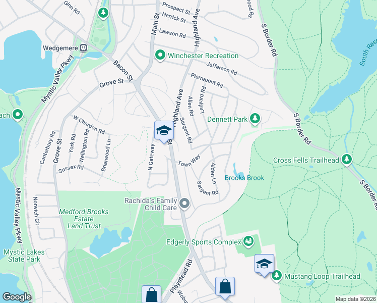 map of restaurants, bars, coffee shops, grocery stores, and more near 45 Sargent Road in Winchester