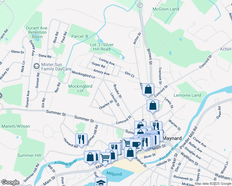 map of restaurants, bars, coffee shops, grocery stores, and more near 50 Brooks Street in Maynard